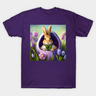 Cartoon Bunny popping out of Lilac Easter Egg surrounded by Flowers T-Shirt